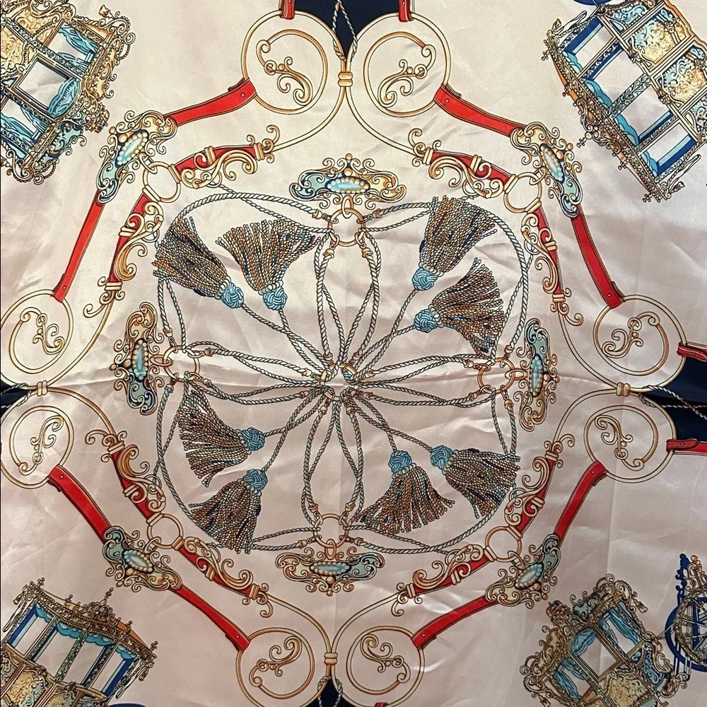 Elegant Navy & Pink Polyester Scarf with Intricate Carriage Design 35.5”